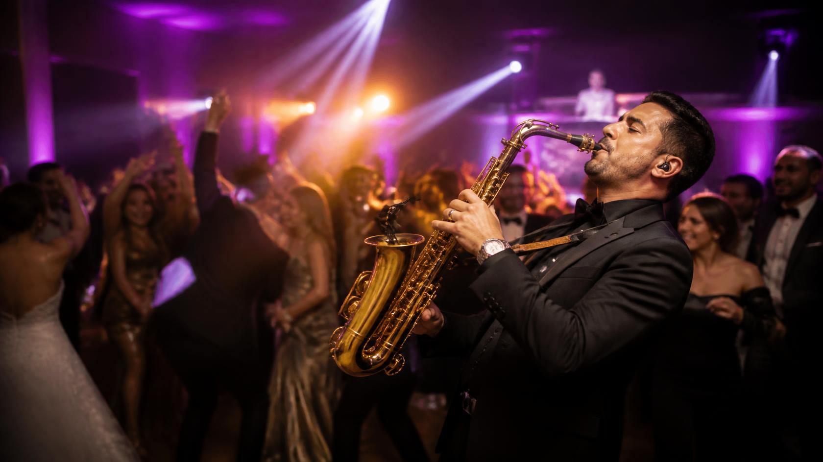 Live saxophone player performing at a corporate event alongside a DJ