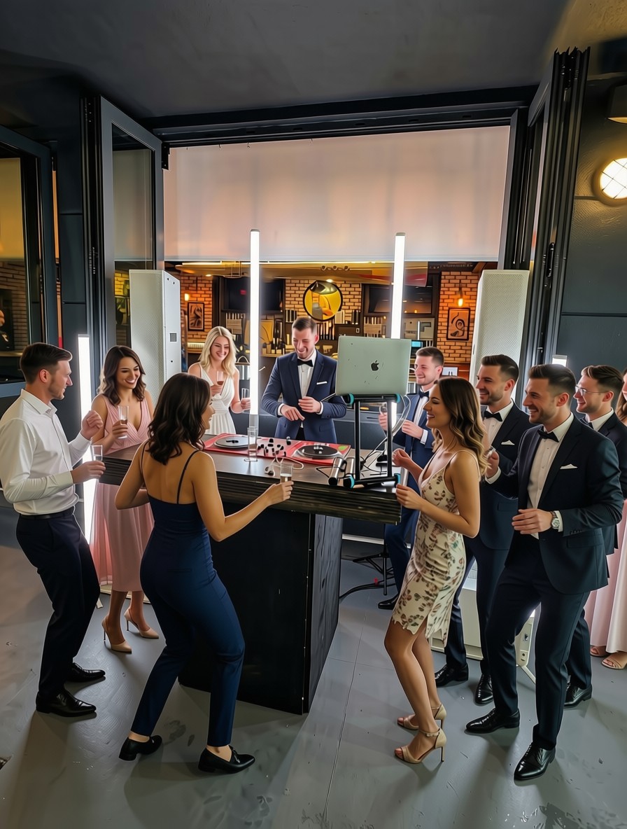 Wedding guests dancing around the DJ booth