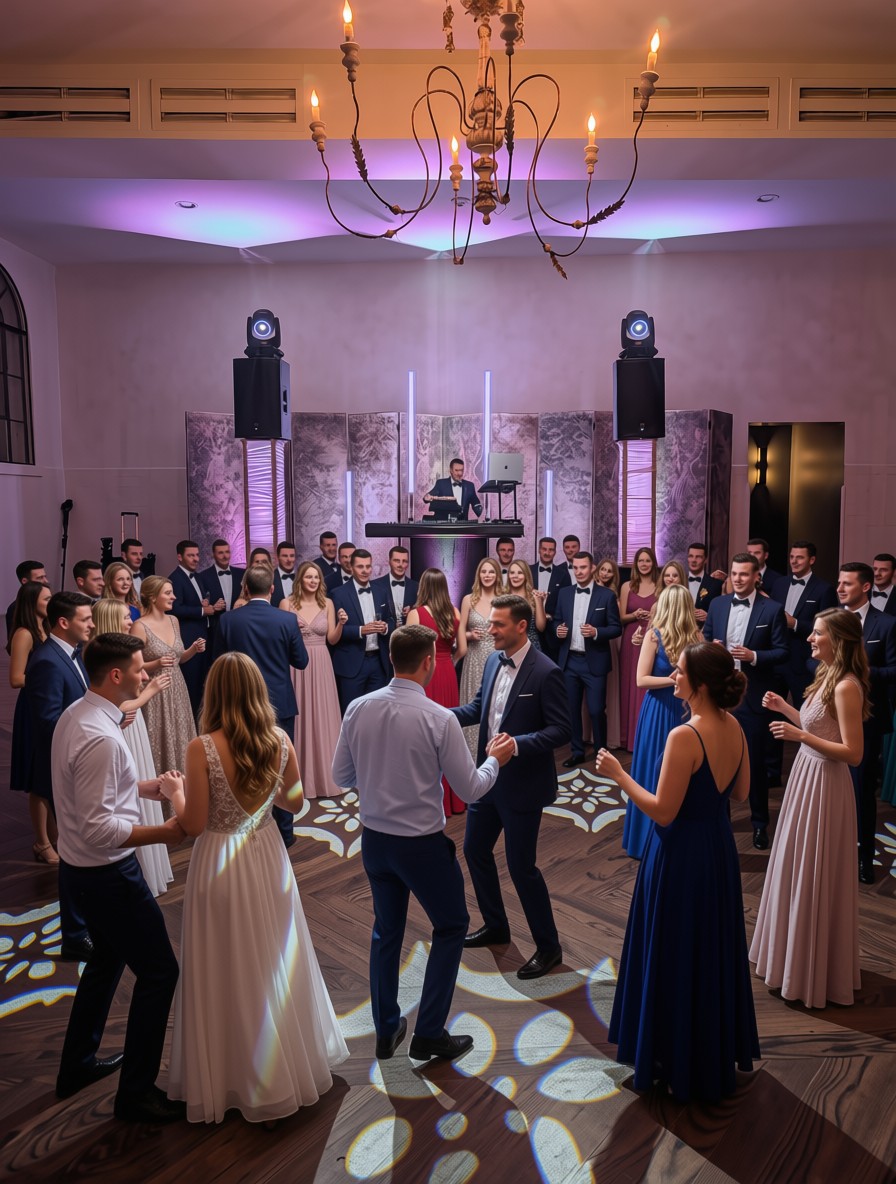 Packed dance floor under moving head lighting with gobo patterns at a reception